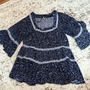 Free People Midnight C Blue Floral Swing Blouse Top Size S